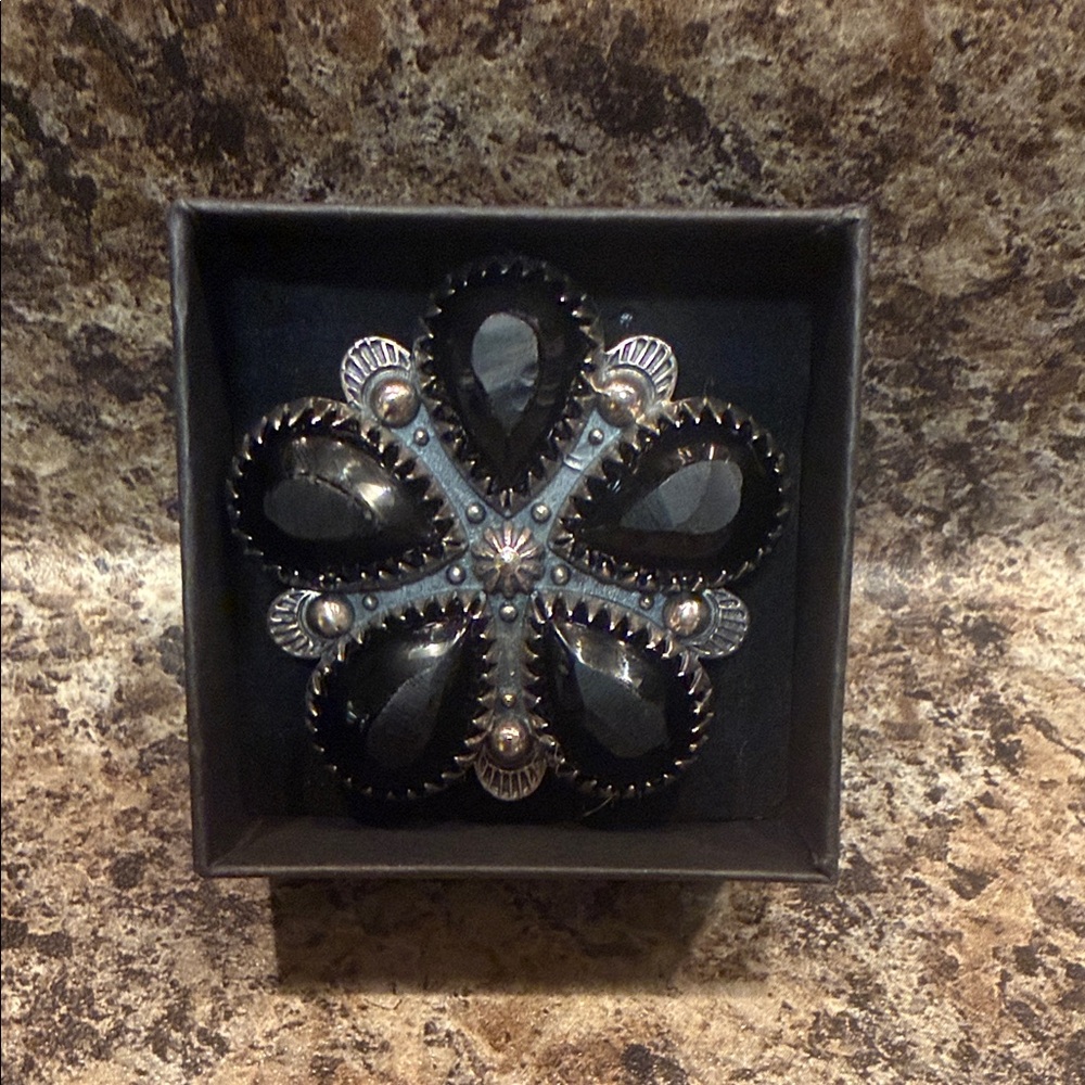 Black Onyx and Sterling Silver Floral Ring
